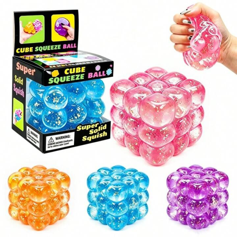 Cube Squeeze Ball Glitter Doosje inhoud 12 stuks